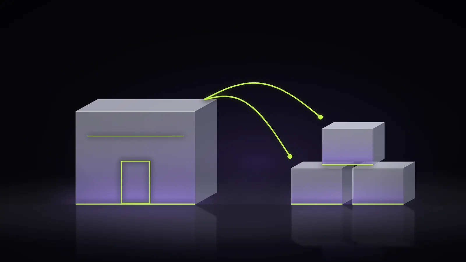Abstract 3D illustration of a large frosted glass storefront block connected by glowing lines to three stacked wholesale crates, representing Shopify B2B and D2C in one store