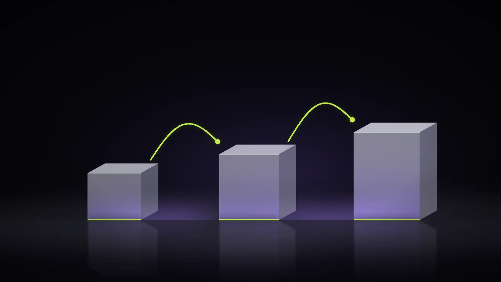 Abstract 3D illustration of three frosted glass blocks linked by glowing arcs, representing a Shopify Flow trigger, condition and action