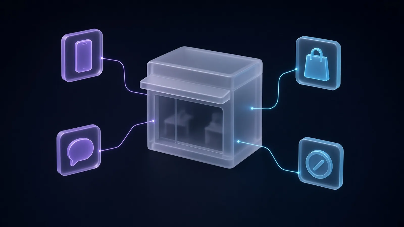 Abstract 3D illustration of a frosted glass storefront connected by glowing lines to a phone, chat bubble, shopping bag and coin, representing d-commerce