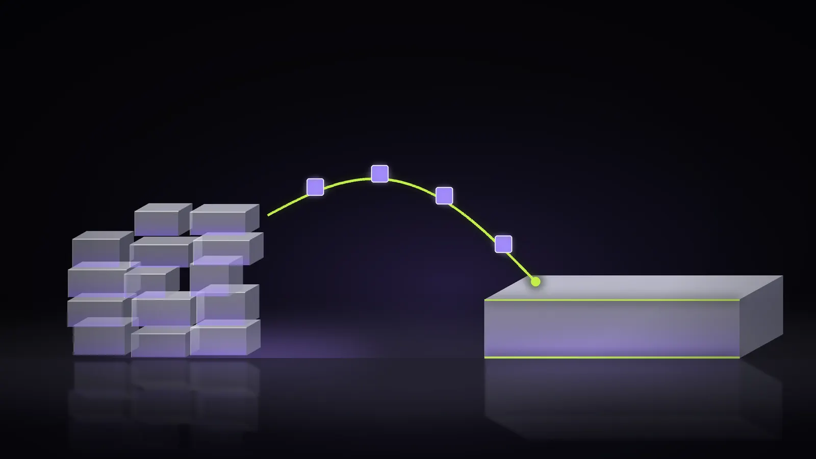 Abstract 3D illustration of glowing data blocks travelling along a lime light path from a cluttered stack of frosted glass tiles to one clean glass platform, representing a WooCommerce to Shopify migration