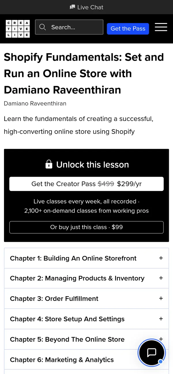 creativelive.com/classes/shopify-fundamentals on mobile