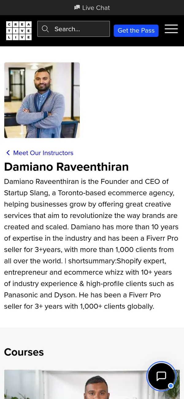 creativelive.com/instructors/damiano-raveenthiran on mobile