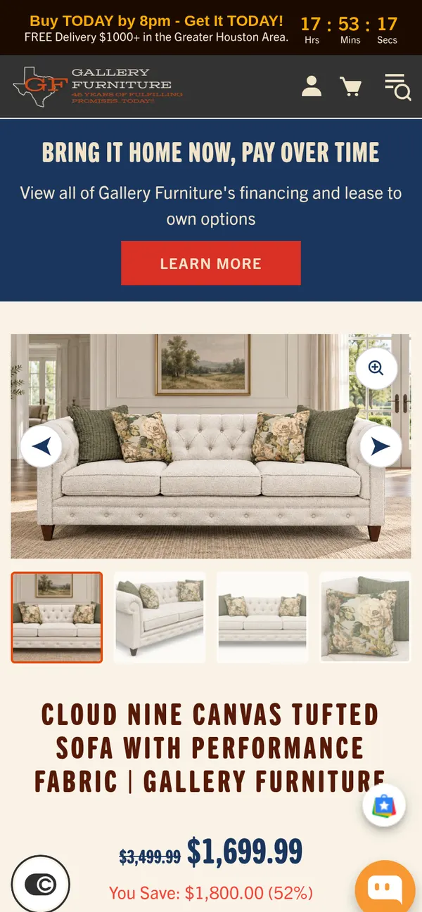galleryfurniture.com/products/cloud-nine-tufted-sofa on mobile