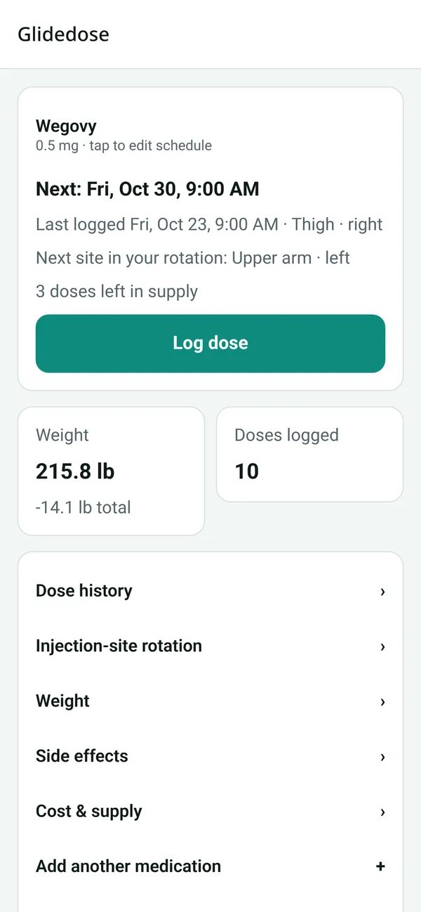 Glidedose app screenshot: Home: next dose at a glance