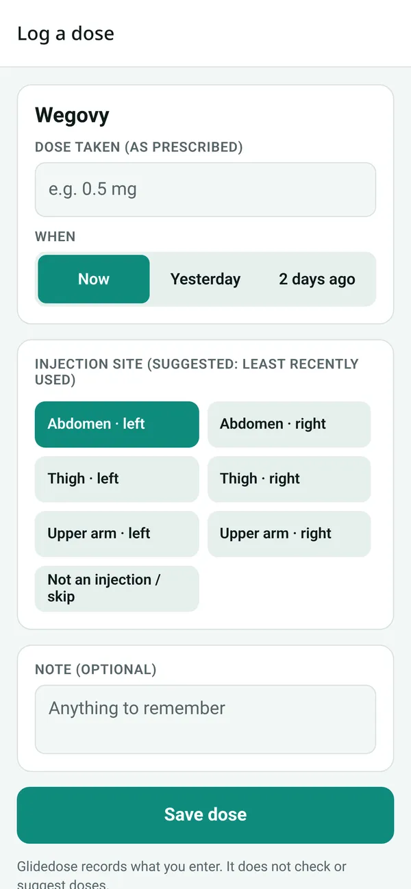 Glidedose app screenshot: Logging a dose