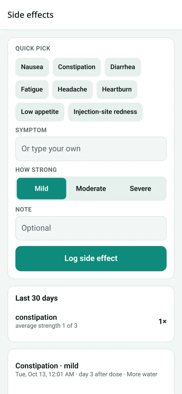 Glidedose app screenshot: Side-effect journal