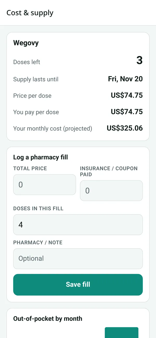 Glidedose app screenshot: Costs in USD or CAD