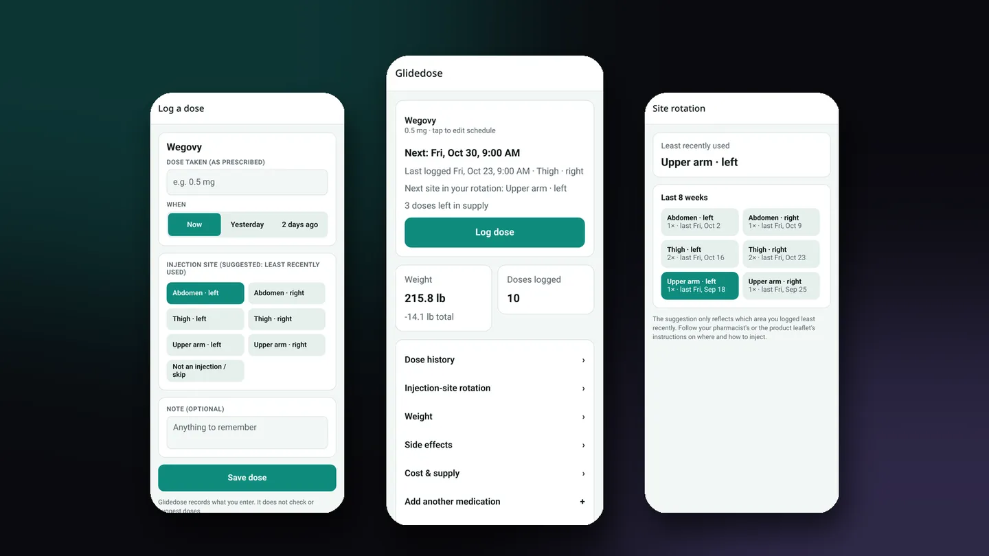 Glidedose mobile app screens designed and developed by Startup Slang