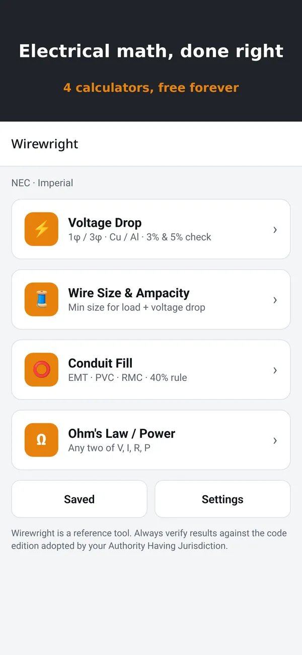 Wirewright app screenshot: Calculator index