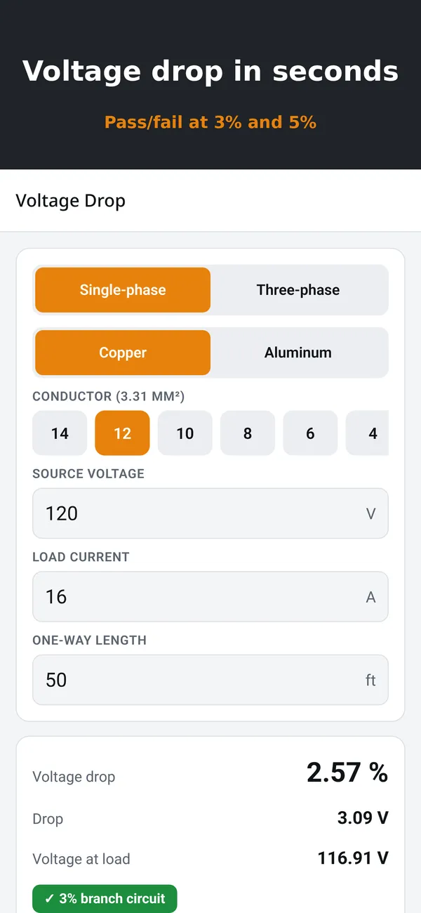 Wirewright app screenshot: Voltage drop calculator
