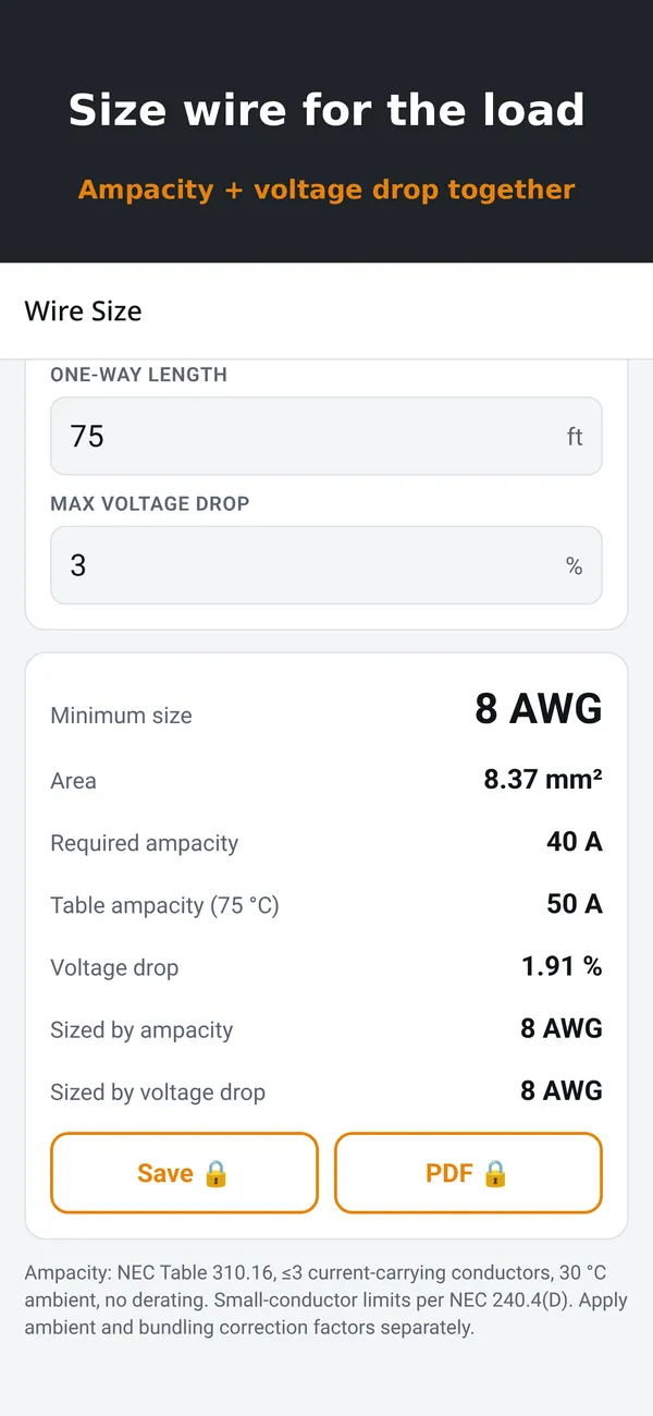 Wirewright app screenshot: Wire size and ampacity
