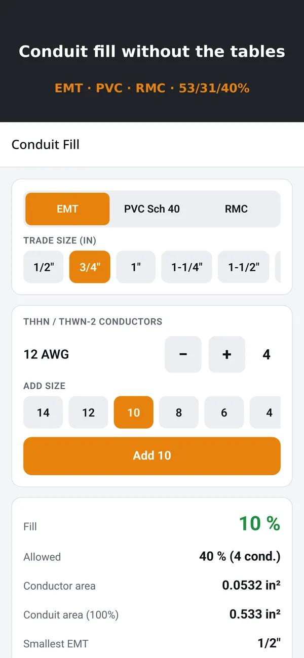 Wirewright app screenshot: Conduit fill