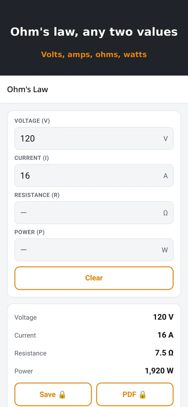 Wirewright app screenshot: Ohm’s law and power