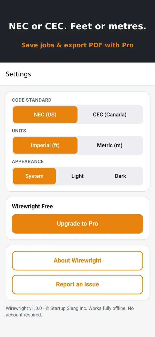 Wirewright app screenshot: Settings: NEC or CEC, imperial or metric
